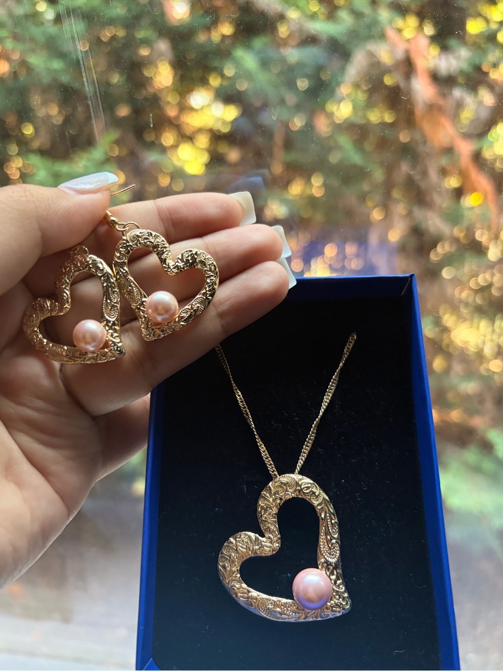 Hawaiian Gold-Tone Heart Pearl Jewelry Set | Necklace + Earrings 🌺
